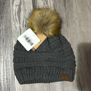 C.C Dark Grey Knit Beanie with Faux Fur Pom